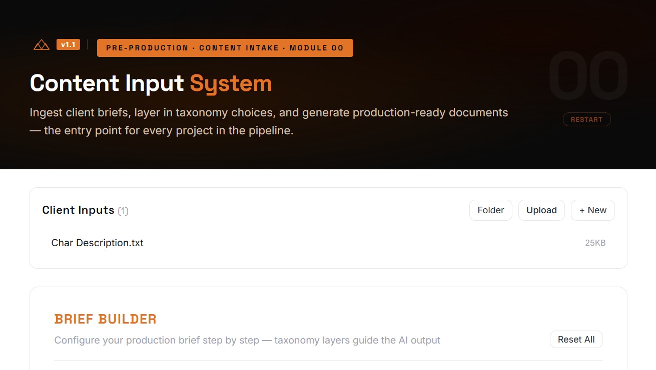 Module 00 control panel showing client input list and the stepped brief builder.