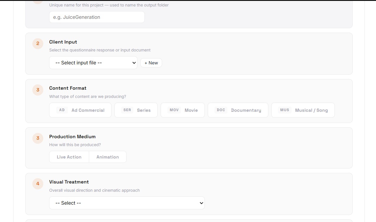 Stepped brief builder showing the seven taxonomy layers being configured.