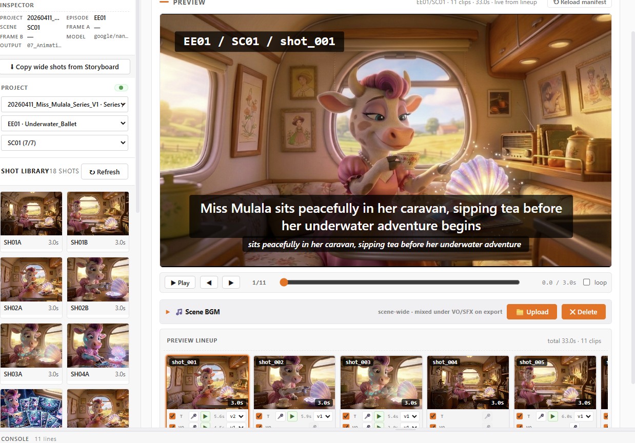 Voice clone selection panel with per-character profiles assigned.