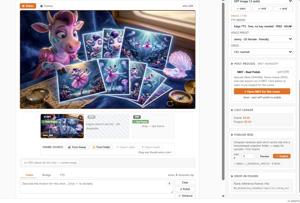 Take selector showing multiple versions of the same shot with seed and backend metadata.