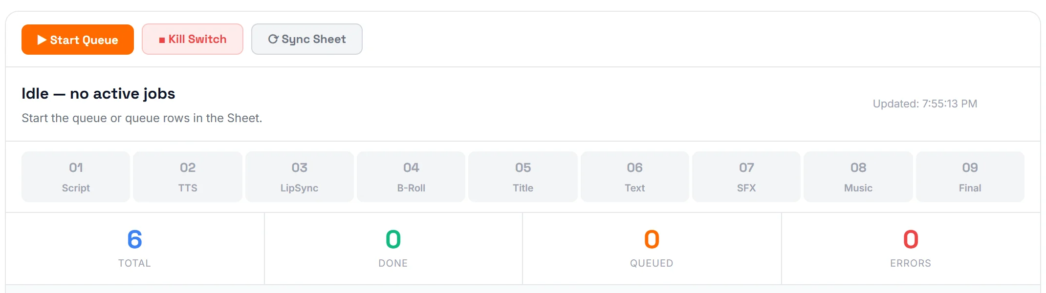 The pipeline monitor: start queue, kill switch, sync sheet, and nine stages from script to final
